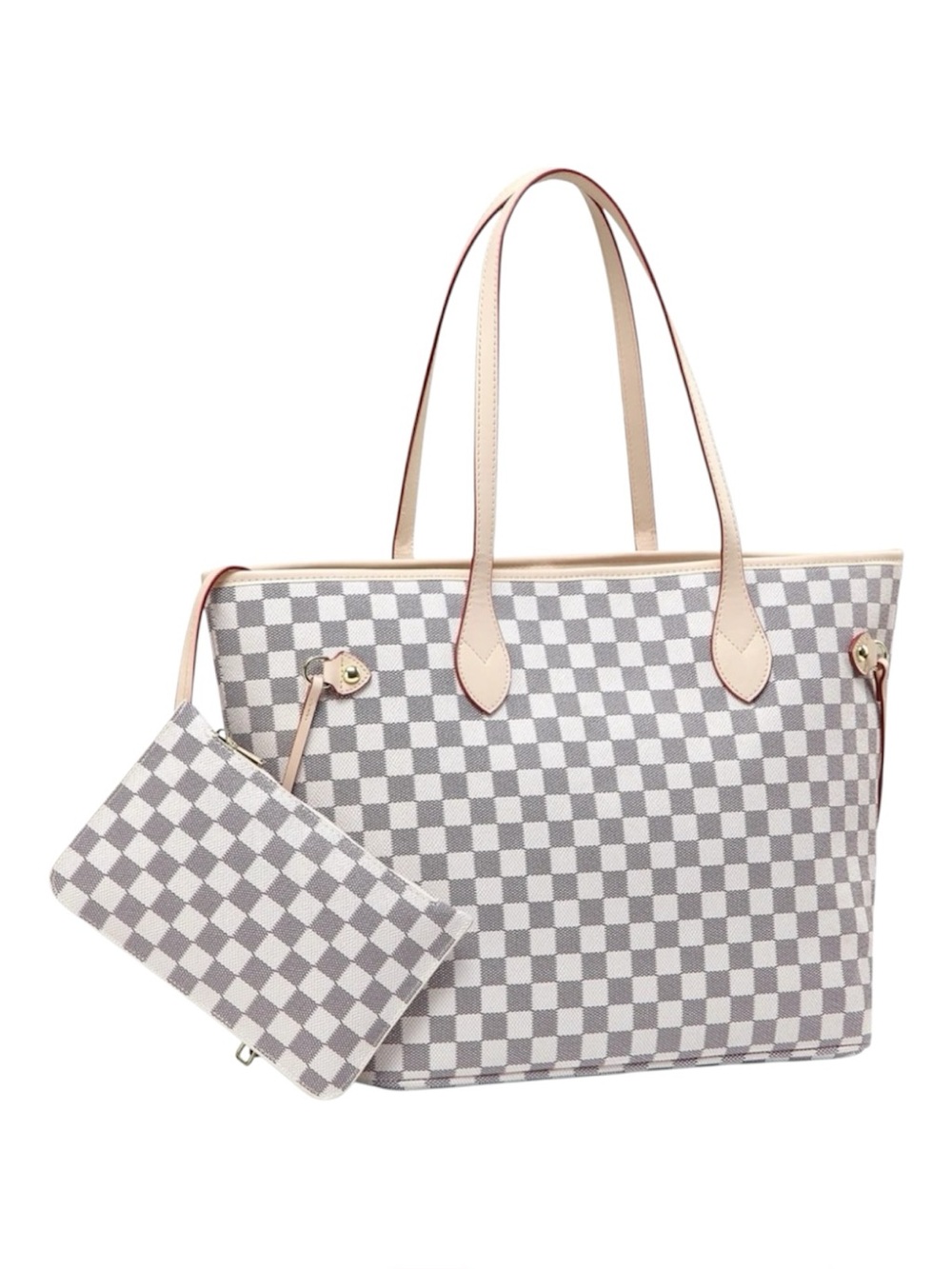 NWT Daisy Rose Tote Shoulder Bag w/ Inner Removable Pouch- Gray/Cream Checkered